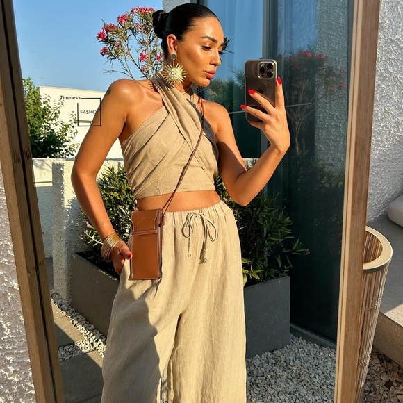 ZARA 2 PIECE LINEN HALTER TOP AND PALAZZO PANTS - Picture 7 of 8